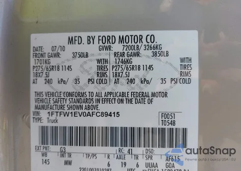2010 Ford F-150 Fx4/Harley-Davidson/King Ranch/Lariat/Platinum/Xl/Xlt from USA, damaged, VIN 1FTFW1EV0AFC89415